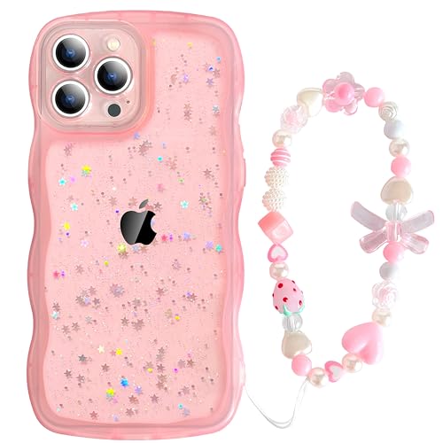 for iPhone 12 Pro Max Case Wavy Girly Aesthetic Women Clear Silicone Bling Sparkle With Phone Strap Charms Beaded Bow Bowknot Trendy Cute Protective Wavy Phone Cases for iPhone 12 Pro Max Case
