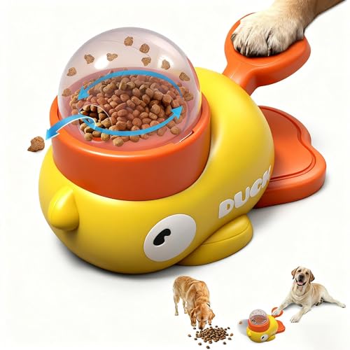 2-in-1 Dog Interactive Treat Dispenser Toy - Durable Food Puzzle Slow Feeder Duck Shape Enrichment Toys with Button Mentally Stimulating Toys for Dogs/Cats/Pets