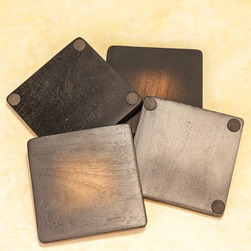 Image of Ireka Home Handmade Tamra Wooden Coasters (Set of 4) - Acacia Wood with Bold Black Vignette Design - Coffee Table Decor, Cup Coaster for Kitchen, Coffee Cups, Mugs & Glasses
