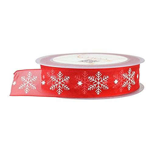Fowod Organza Printed Snowflake Ribbon DIY Crafts Holiday Decor,22 Yard/66 Feet,1 Inch Wide (Red)