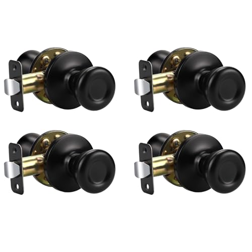 KNOBWELL 4 Pack Keyless Passage Door Knobs Matte Black Interior Door Knob with Lock Round Passage Knob for Hallway and Closet, Stainless Steel Black Door Knob