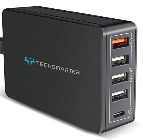 Techsmarter 63W USB-C PD Multi Port Desktop Charger with 30W Power Delivery Port. Compatible with MacBook, Chromebook, iPad Pro/Air, iPhone 13, 12, 11, XS, Samsung S21, S20, S10, Moto & Android