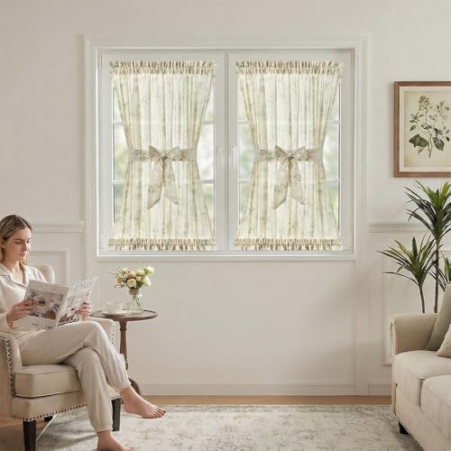 Image of jinchan Floral French Door Curtain Panel Farmhouse Decor Light Filtering Linen with Tie Up Bow for Glass Door or Patio 40 Inch Length Rod Pocket 1 Panel Green on Linen