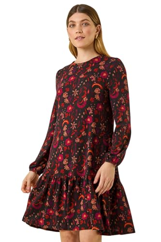 Roman Originals Smock Dress for Women UK Ladies Cotton Summer Embroidered Frilled Tiered Casual Beach Cruise Holiday Cocktail Party 3/4 Sleeve Pull On Gathered Skirt - Floral Red - Size 16