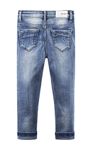 KIDSCOOL SPACE Calça jeans rasgada com pérolas de renda borboleta decorativa por dentro, Azul, 11-12