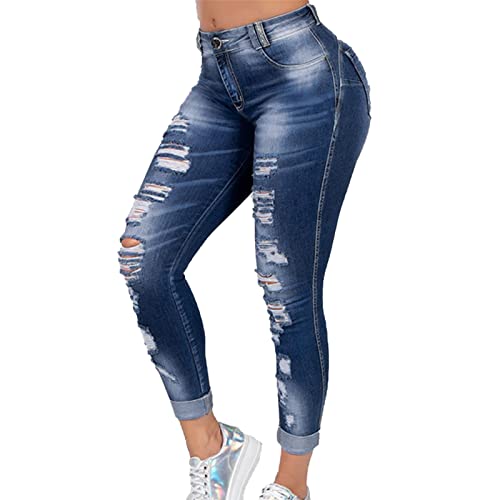 Maiyifu-GJ Women's Ripped Mid Rise Stretch Jeans Distressed Skinny Boyfriend Denim Pants Slim Fit Destroyed Butt Lifting Jean (Dark Blue,5X-Large)