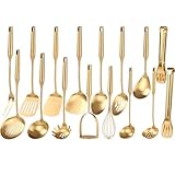 Gold Cooking Utensils Set - 18/10 Stainless Steel Small and Large Spoons Set, 16 PCS All Metal Kitchen Tools, Serving Utensils - Whisk, Masher, Fork, Tongs, Spatula, Turner, Ladle, Skimmer, Pasta