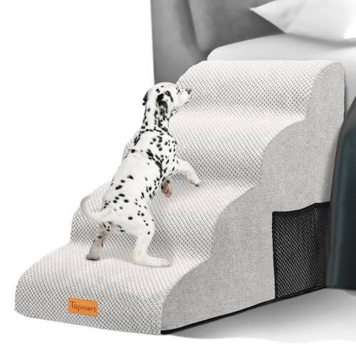 Image of Topmart High Density Foam Dog Steps 4 Tiers,Extra Wide Deep Pet Steps,Non-Slip Dog Stairs Ramp for Bed,Soft Foam Cat Ladder,Best for Older Injured,Older Pets,Cats with Joint Pain