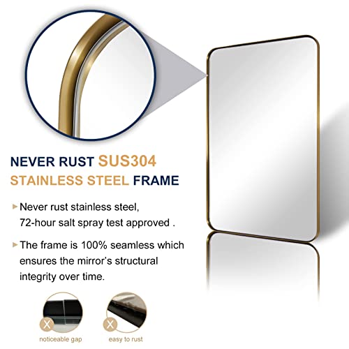 Andy Star Gold Bathroom Mirror, 22" X 30" Brushed Brass Metal Wall Mirror, Rounded Rectangle Mirror For Vanity, Framed In Premium Stainless Steel #TOP2