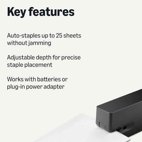 Amazon Basics Electric Automatic Stapler for Desk, 25 Sheet Capacity, No Jam Technology, Adjustable Staple Placement, Battery or AC Powered, Black view 2