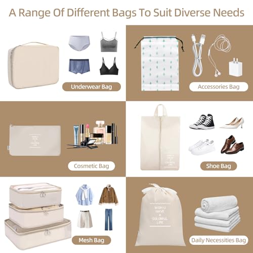 12Pcs Packing Travel Cubes for Suitcase Luggage Organizers with 5 Drawstring Bags,Suitcase Organiser Bag with Waterproof Shoe Storage Bag Compression Pouches Beige - Image 5