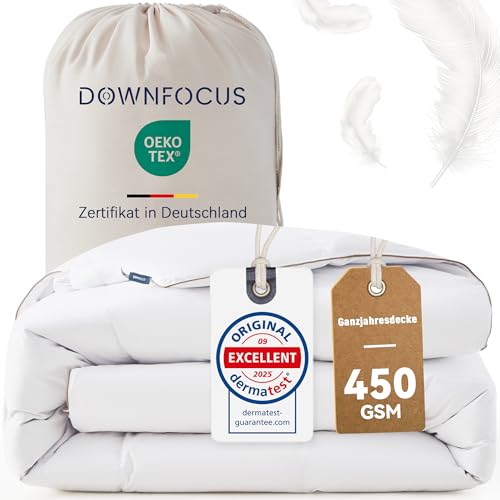 DOWNFOCUS Edredón cómodo de 220 x 240 cm, 100 % plumas y plumón suaves, certificado Oeko Tex, RDS para bienestar animal, edredón de plumas para todo el año, edredón de plumas de 240 x 220 cm, funda de