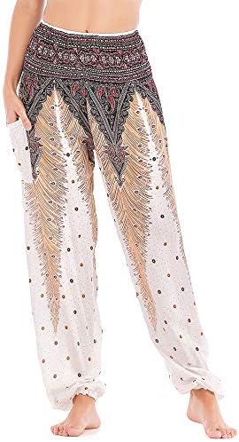 Nuofengkudu Women's Harem Hippie Yoga Pants Baggy Boho Patterned Smocked High Waist with Pockets Thai Fisherman Trousers Summer Beach