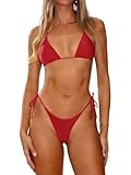 Sunloudy Women's Two Piece Bikini Swimsuit Halter Triangle Tops Tie Side Thong Bathing Sexy String Bikini Sets Swimwear (B-Red, S)