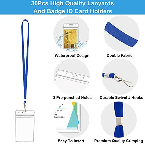 30Pcs Clear Plastic Vertical Name Tags Badge Id Card Holders And 30Pcs Flat Neck Lanyards, Blue #TOP2