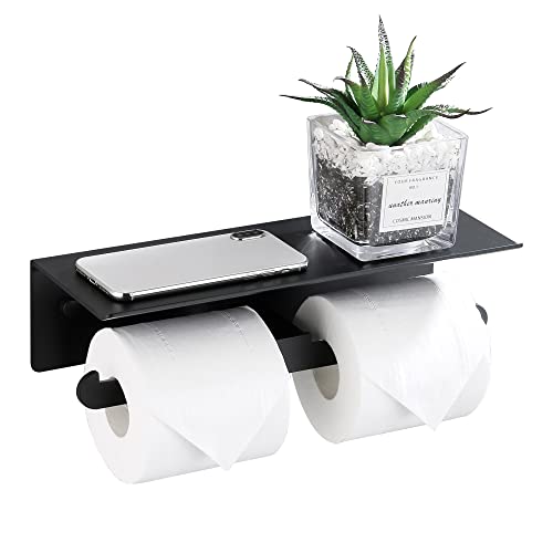 DUFU Porte Papier Toilette Mural Aluminium Double Support Hygiénique Rouleau avec Plateforme de Rangement sans Perçage avec Protection de Bord et Anti-Chute pour Salle de Bain WC Noir