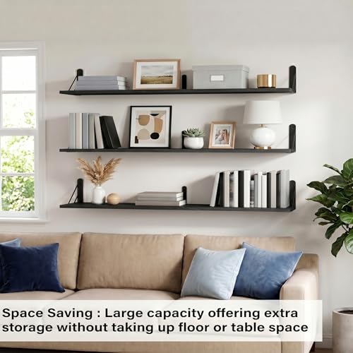 Long Floating Shelves for Wall,Large Wall Shelf,Wood Floating Bookshelf Hanging,Book Storage Display for Living Room Bedroom Office Bathroom Decor,3 Pack,120cm,Rustic Black by Huiyiaus - Used condition - Image 2