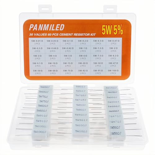 PANMILED 30 Values 60 Pieces Cement Resistor KIT 5W ±5% Ceramic Power Resistors 5 Watt (0.01 Ohm - 100 Ohm)