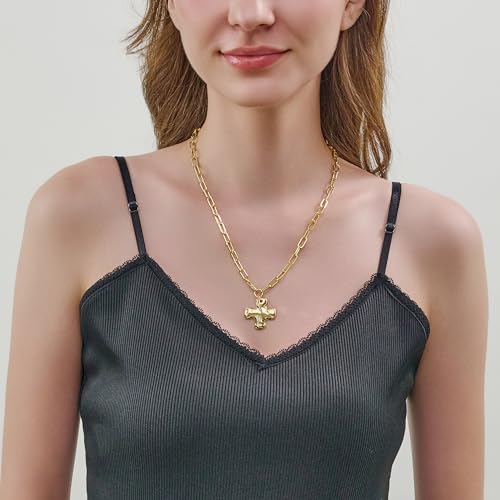 Chunky Cross Necklaces for Women, 14K Real Gold Plated Statement Simple Dainty Pendant Necklace Trendy Charm Choker Paperclip Chain Necklace Body Summer Beach Jewelry3