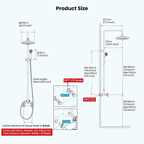 Shower Fixture 8 Inch Rainfall Shower Head with Handheld Spray Polish Gold Dual Knobs Mixer Bathroom Shower Combo Set Wall Mount