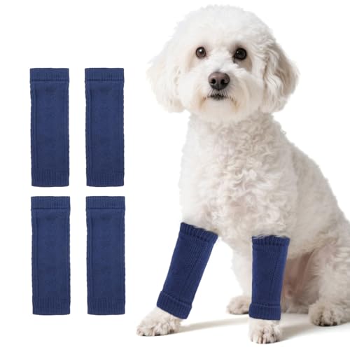 ROZKITCH 4PCS Dog Elbow Protector for Front and Back Legs, Breathable Leg Sleeve to Stop Licking Scratching Wound, Prevent Skin Problems Leg Wrap Knitting Covers for Small Dogs Blue L