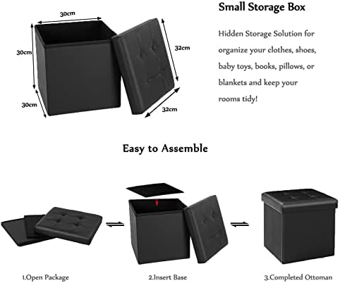 Bonlife Pack of 2 Black Folding Storage Ottoman Box,Footstool Faux Leather Storage Box with Lid,Toy Chest Cube Foot Rest Seat 32cm