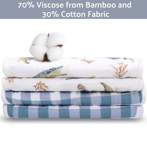 Image of LifeTree Muslin Baby Burp Cloths - 2 Pack 70% Viscose from Bamboo and 30% Cotton Large 22'' by 10.6'' Absorbent Milk Spit Up Rags - Burping Cloths for Newborn, Girls Boys, Sea Turtle & Blue Checkered