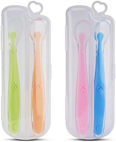 4 Pack Baby Spoons BPA Free Kirecoo Soft-Tip First Stage Silicone Self Feeding Training Spoons with 2 Cases for Infant Baby, Best Infant Set