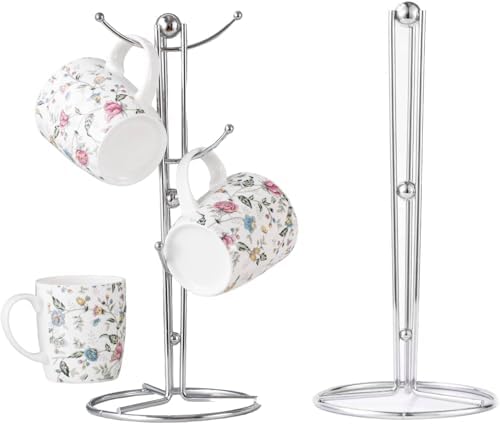 Unique Crafts Silver Mug Tree and Kitchen Roll Holder Set | 14x14x35cm ...