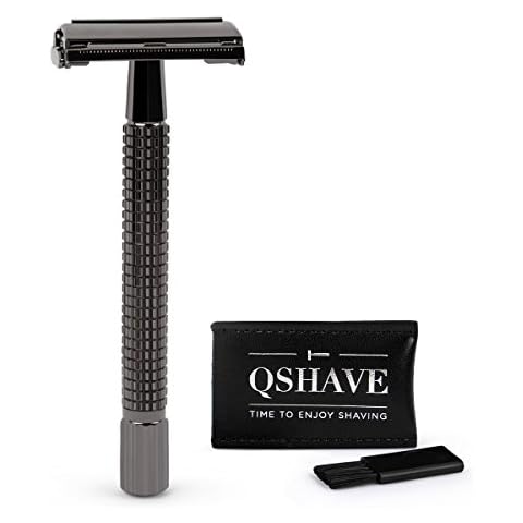 QSHAVE Butterfly Open Long Handle Double Edge Safety Razor for Men or Women, Nostalgic (1 Razor + Leather Protective Sleeve + 5 pcs Titanium Coated Blades) Cover