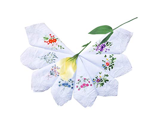 LACS Womens Embroidered Floral Cotton Lace Handkerchiefs White Hankies Pack