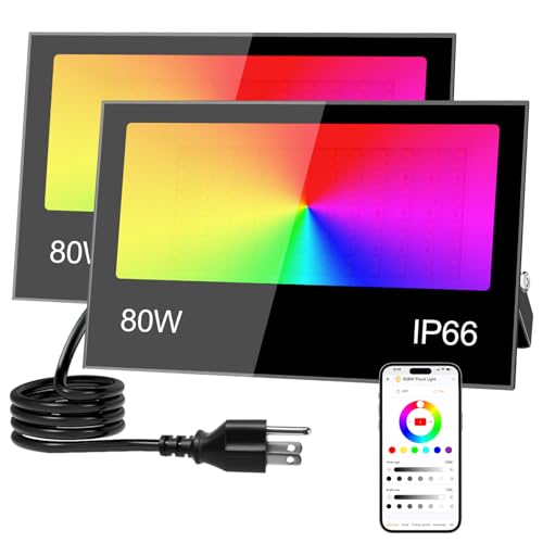 Remon LED Flood Light Outdoor 800W Equivalent 8000LM Smart RGB Landscape Lighting with APP Control, DIY Scenes - Timing - Warm White 2700K - Color Changing Uplight, IP66 Waterproof, 43 Modes (2 Pack)