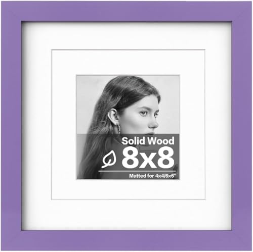 Egofine 8x8 Picture Frame, Made of Solid Wood with Plexiglass, for Tabletop and Wall Hanging Display Picture 4x4/6x6 with Mat or 8x8 Without Mat, Purple