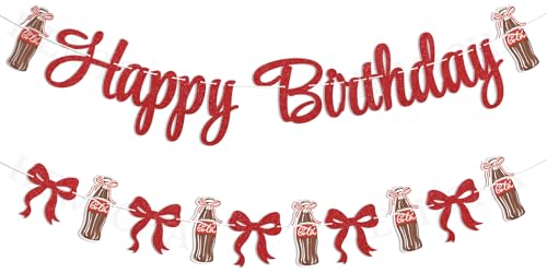 Soda Happy Birthday Banner - Dirty Soda Bar Sign, Red Coquette Soda Pop Theme Birthday Party Decorations Red Glitter