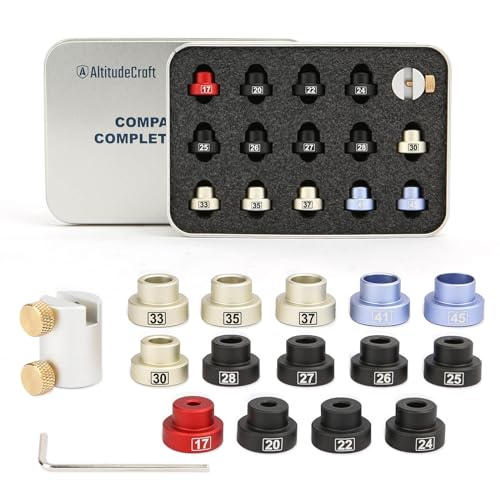 AltitudeCraft Bullet Comparator Kit with 14 Inserts, Universal Fit for .17 to .45 Calibers, Precision Ammo Reloading Supplies and Equipment and Gauge Tool with Tin Box, Anodized Aluminum