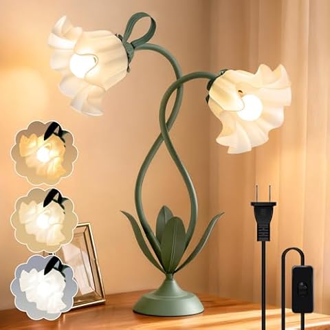 Flower Desk Lamp, Vintage Bedside Table Lamp for Bedroom, Flexible LED Reading Light with 3 Color Modes and Clamp, Unique Aesthetic Home Living Room Decor Dorm Essentials Valentines Day Gifts(Green) Cover