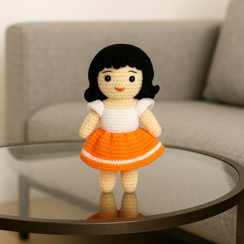Image of Sutra Handmade Crochet Doll in Orange & White Dress | Wool Amigurumi Soft Toy | Handmade Gift for Kids, Nursery & Home Decor