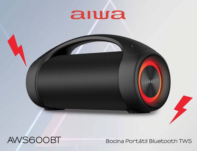 Aiwa AWS600BT speaker with a blue illuminated ring, indicating Bluetooth readiness.