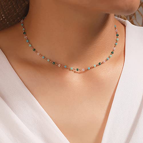 Bearjia Bohemia Green Beaded Choker Necklace For Women Girls, Summer Necklace Green Beaded Square Round Bead Choker Necklace (Silver, Zinc Alloy) #TOP1