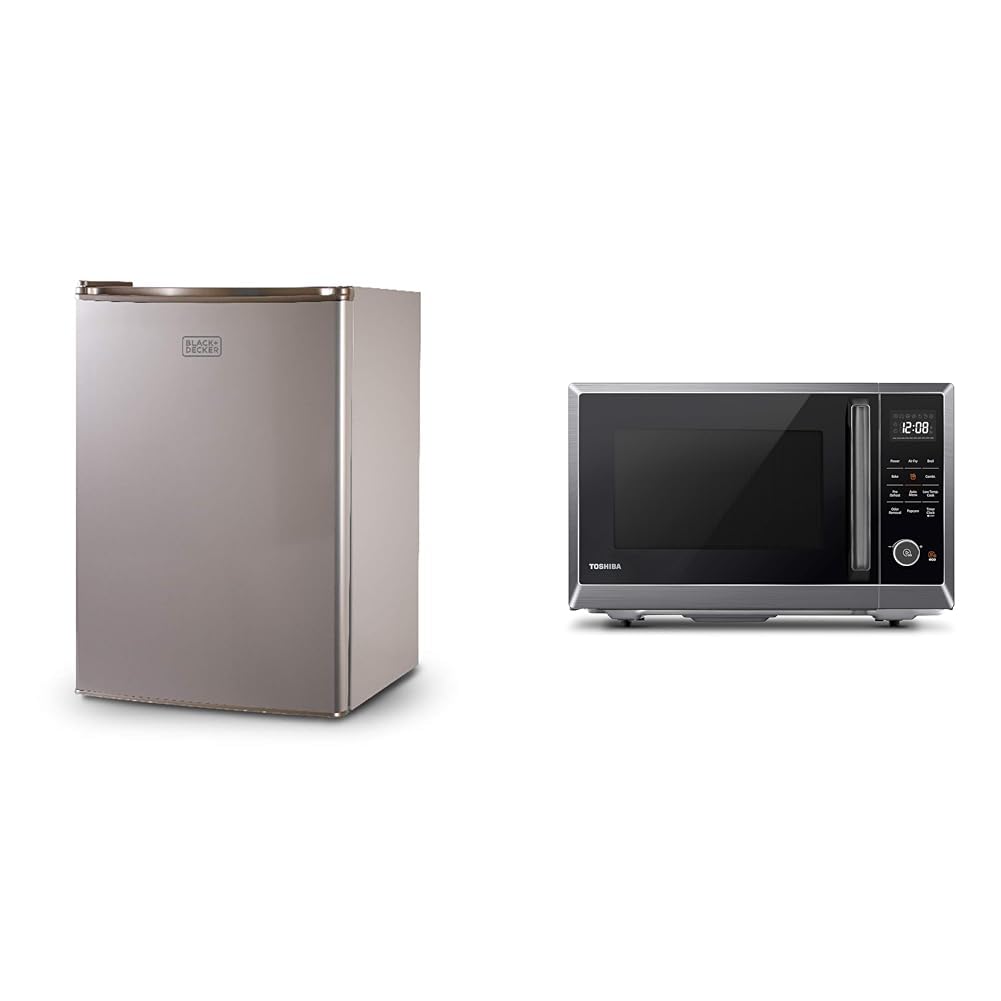 BLACK+DECKER BCRK25V Compact Refrigerator Energy Star Single Door Mini Fridge with Freezer &amp; TOSHIBA Air Fryer Combo 8-in-1 Countertop Microwave Oven, Convection, Broil, Odor removal