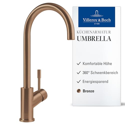 Villeroy & Boch Umbrella Hochdruck-Küchenarmatur, Spülenarmatur mit energiesparender Kaltstart-Funktion und 360° Schwenkbereich, wassersparend, 275 mm Auslaufhöhe, Bronze