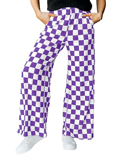 IWOLLENCE Womens Y2K Wide Leg Pants Checkered Casual Loose High Waist Loungewear Teen Gingham Sweatpants Summer Purple White XL