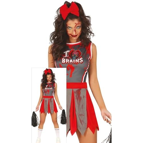 FIESTAS GUIRCA Disfraz de Animadora Zombi Mujer - Uniforme de Animadora Rojo y Gris - Disfraces de Halloween para Mujer Talla S