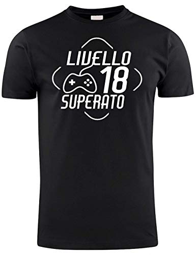 Wixsoo T-Shirt Maglietta 18 Anni Compleanno Livello Superato Uomo (L, Nero)