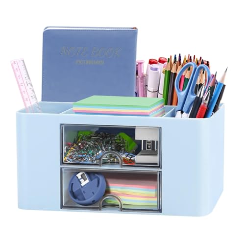 SYJINHUASY Organizador de escritorio multifuncional, organizador de oficina compacto con 5 compartimentos y 2 cajones, organizador de mesa de plástico para oficina, hogar, escuela (azul-A)