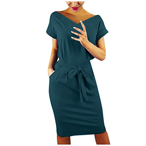 Kansopa Women Basic Crewneck Belted Office Dress with Pockets Solid Color Sexy Short Sleeve Party Slim Summer Dress