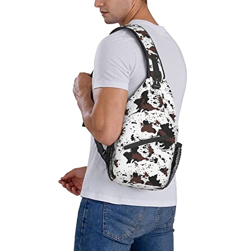 Cow Print Sling Bag Crossbody Backpack,Rustic Spotted Cow Fur Texture Black Brown Cowhide Chest Bag Adjustable Shoulder Backpack Western Farmhouse Animal Skin Travel Hiking Daypack For Men Women #TOP1
