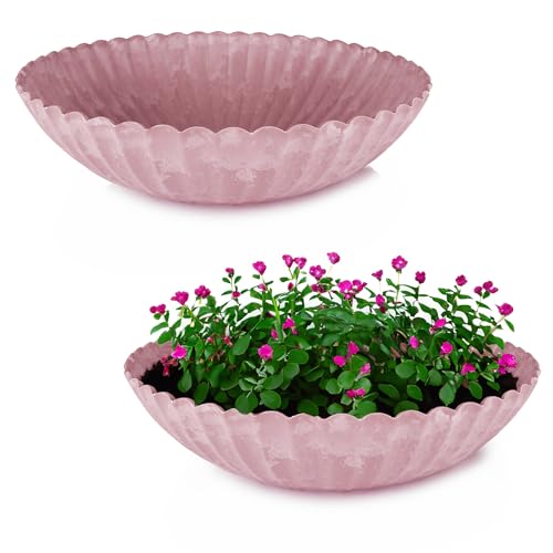 matches21 HOME & HOBBY Macetas onduladas para exteriores en 28 x 8 cm de color rosa envejecido jaspeado como cuencos para flores resistentes a la intemperie
