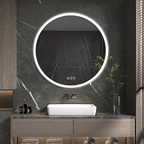 furduzz IL-03-60 600mm Round Led Bathroom Mirror, Wall-Mounted Lighted Bathroom Vanity Mirror, Anti-Fog, Dimmable, 3 Colour Temperature Backlit Makeup Mirror Cover