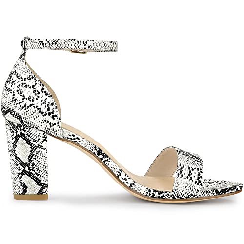 Allegra K Allegra K Women's Snakeskin Heels Ankle Strap White Snake Chunky Heel Sandals 9 M US